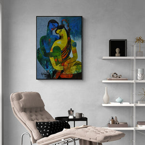 Appam Raghavendra's 'Couple I (Embrace of Harmony)' Painting visualized above a sofa in a contemporary room