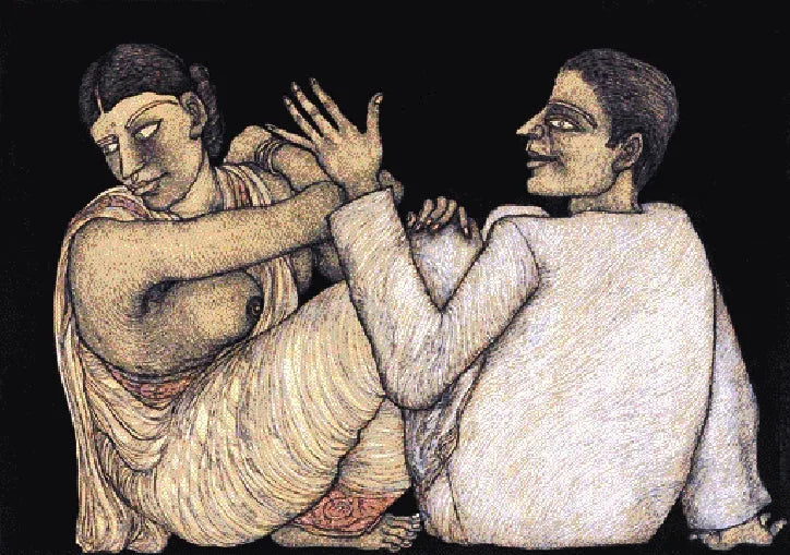 Figurative serigraphs painting titled 'Couple ll', 22x30 inch, by artist Jogen Chowdhury on Paper