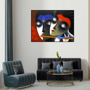 Santosh Chattopadhyay's 'Couple In Love Of Music' painting visualized above a sofa in a contemporary room.