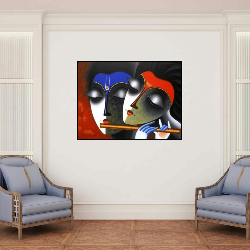 'Couple In Love Of Music' painting by Santosh Chattopadhyay shown on a wall in a furnished room.