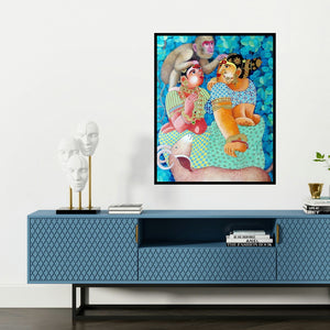 'Couple Monkey And Goat 2' painting by Bhawandla Narahari shown on a wall in a furnished room.