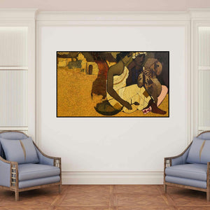 'Couple Under The Tree I' painting by Siddharth Shingade shown on a wall in a furnished room.