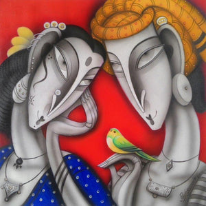 Couple With A Bird I (Shared Secrets) by Ramesh Pachpande, Original Acrylic Figurative Painting on Canvas, Small Square Wall Art