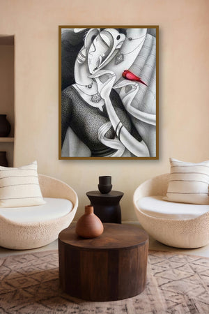 Couple With A Bird Ii (A Crimson Messenger) by artist Ramesh Pachpande displayed in a Luxury gallery