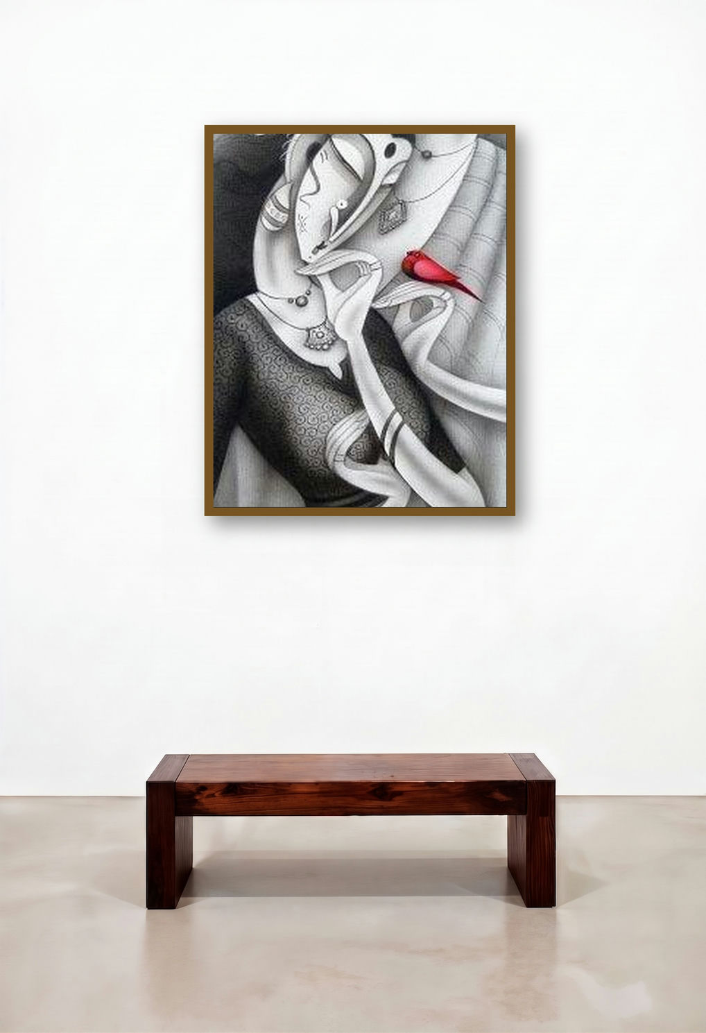 Couple With A Bird Ii (A Crimson Messenger) by artist Ramesh Pachpande displayed in a Mid-Century Modern Foyer