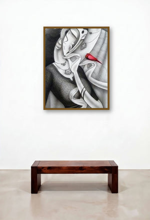 Couple With A Bird Ii (A Crimson Messenger) by artist Ramesh Pachpande displayed in a Mid-Century Modern Foyer