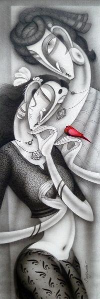 Couple With A Bird Ii (A Crimson Messenger) by Ramesh Pachpande, Original Acrylic Figurative Painting on Canvas, Medium Vertical Wall Art
