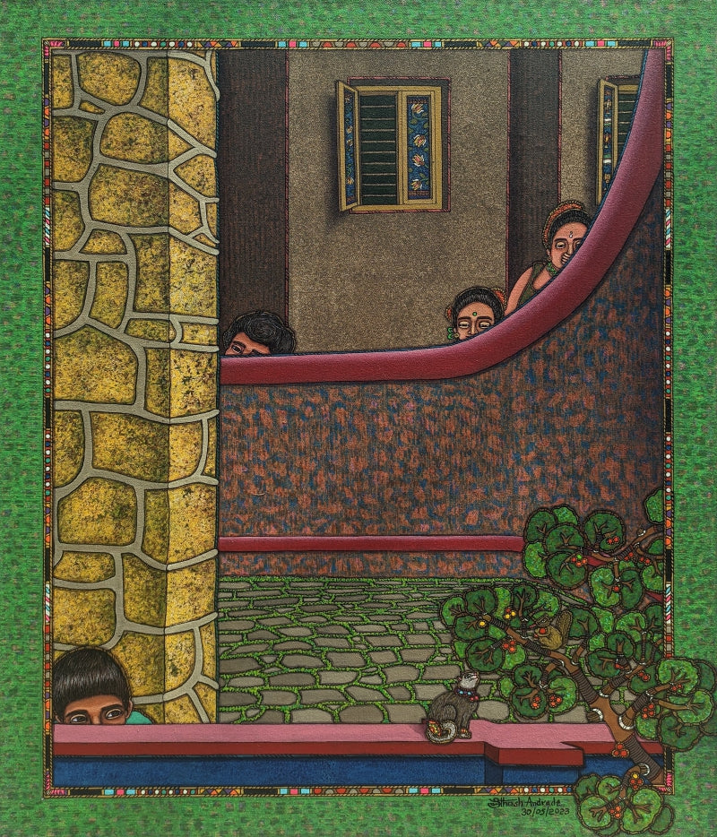 Courtyard Of Memories' figurative acrylic painting by artist Santhosh Andrade, 36x30 inch, on canvas