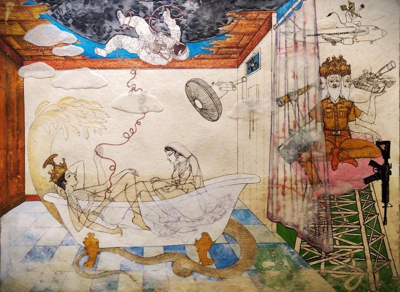 contemporary mixed media painting titled 'Covid 19 Quarantine', 22x30 inches, by artist Dasarath Das on Acid Free Paper