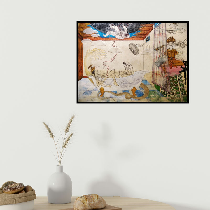 In-situ view of Dasarath Das's 'Covid 19 Quarantine (Surreal Scene)' painting in a room