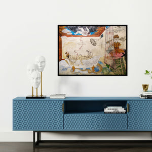 Preview of 'Covid 19 Quarantine (Surreal Scene)' Painting by Dasarath Das shown on a wall in a furnished room.