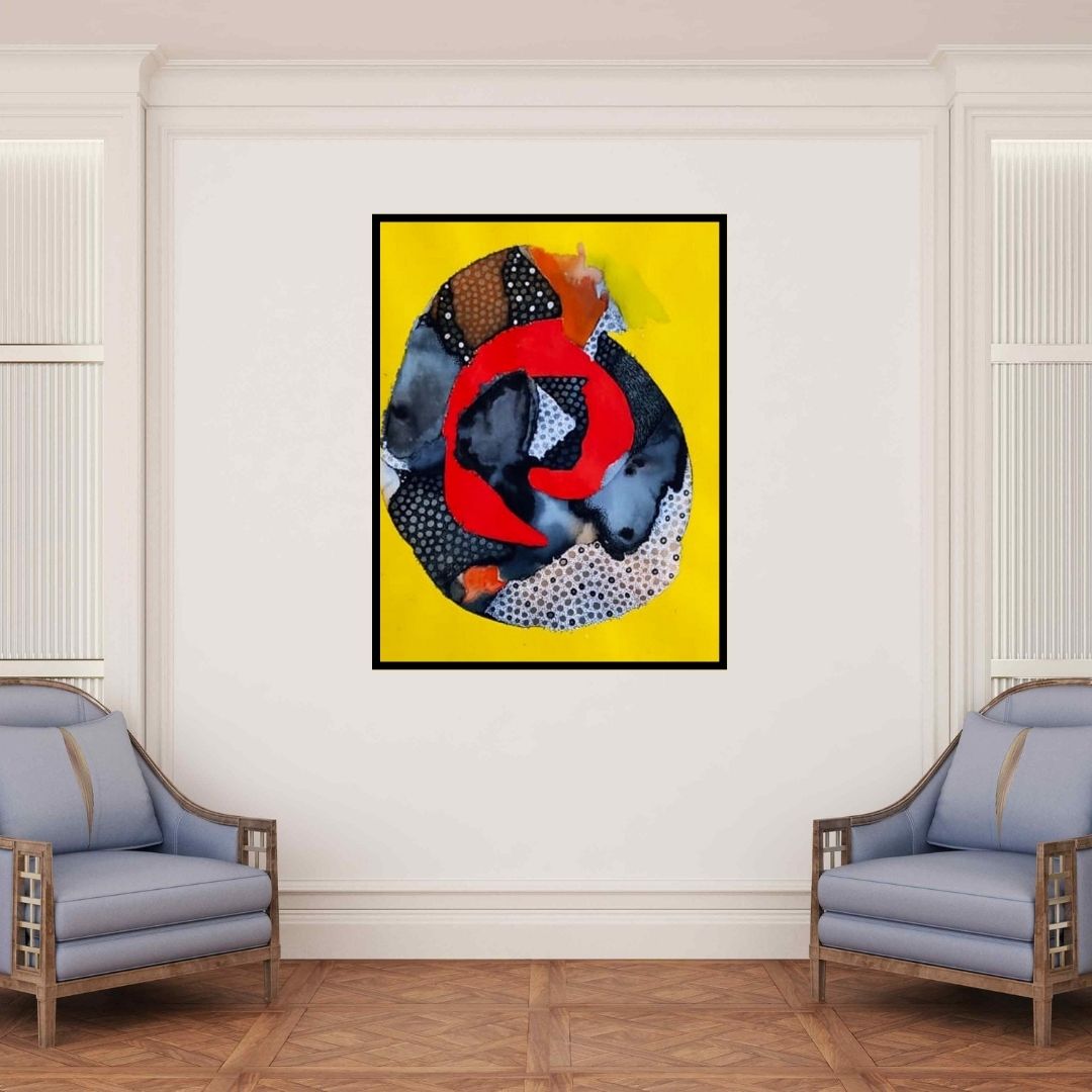 In-situ view of Huma Khan's 'Covid 19 World (Unfurling)' painting in a room