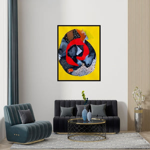 Preview of 'Covid 19 World (Unfurling)' Painting by Huma Khan shown on a wall in a furnished room.