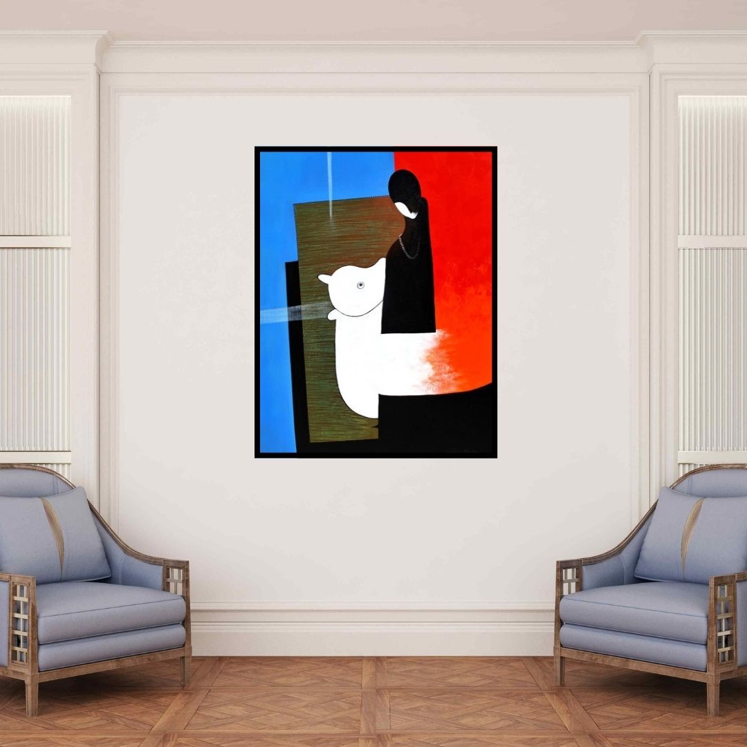 In-situ view of Narayan Shelke's 'Cow (Enduring Presence: A Bond of Comfort)' painting in a room