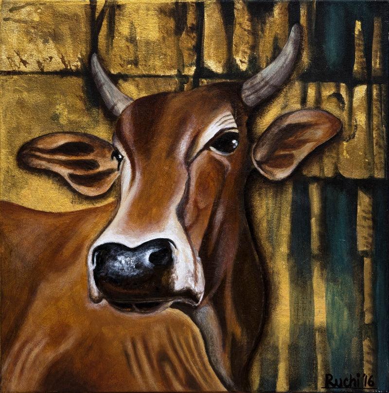 Animals mixed-media painting titled 'Cow 2', 13x13 inch, by artist Ruchi Singhal on Canvas