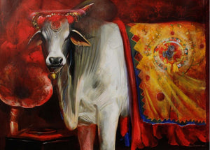Figurative acrylic painting titled 'Cow 4', 36x48 inches, by artist Jiban Biswas on Canvas