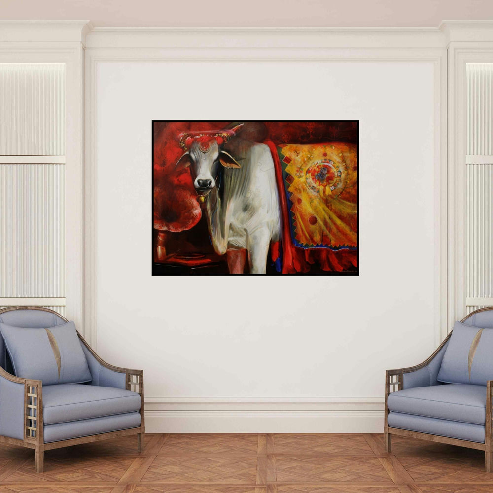 'Cow 4 (Sacred Adornments)' painting by Jiban Biswas shown on a wall in a furnished room.