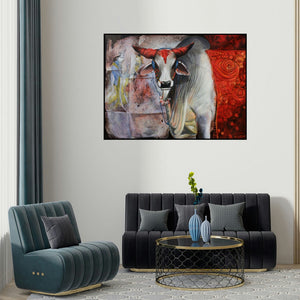 Jiban Biswas's 'Cow 5 (The Listening Bull)' painting visualized above a sofa in a contemporary room.