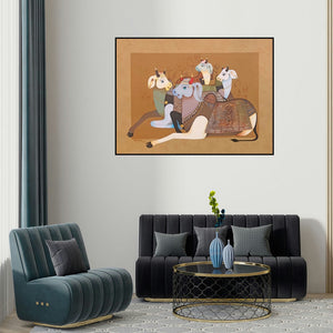 Ag Nellagi's 'Cow Family 2' painting visualized above a sofa in a contemporary room.