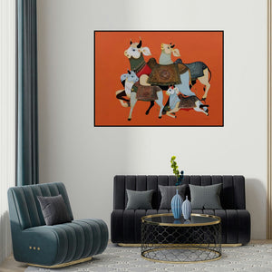 Ag Nellagi's 'Cow Family 3' painting visualized above a sofa in a contemporary room.