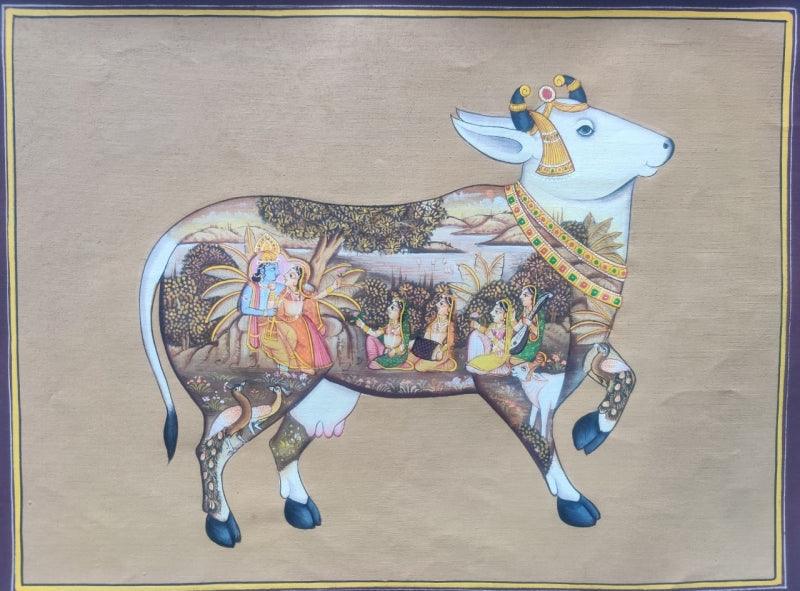 Religious miniature traditional art titled 'Cow Miniature 2', 10x13 inches, by artist Pichwai Art on Cloth