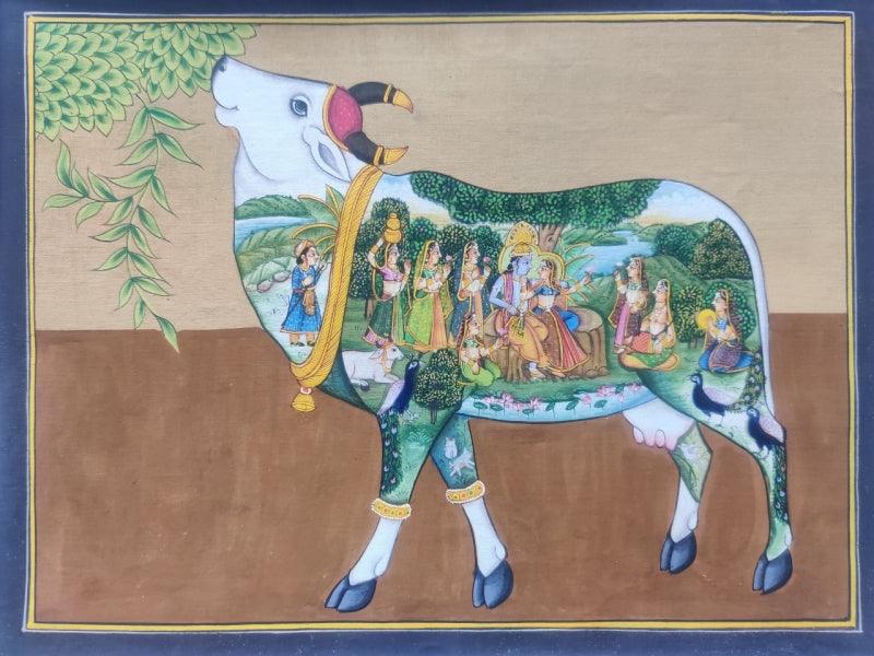 Religious miniature traditional art titled 'Cow Miniature 4', 10x13 inches, by artist Pichwai Art on Cloth