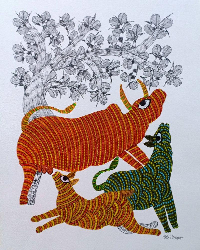 Animals gond traditional art titled 'Cow Under The Tree', 16x12 inches, by artist Choti Gond Artist on Paper