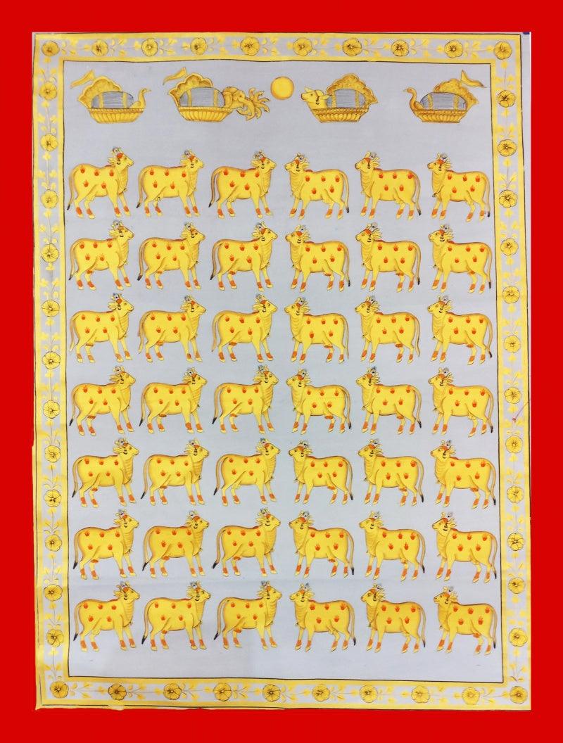 Animals pichwai traditional art titled 'Cows In Gray And Gold 2', 36x24 inches, by artist Unknown on Cloth