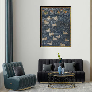 Pushkar Lohar Pichwai's 'Cows Pichwai (The Descent of Kamadhenu)' painting visualized above a sofa in a contemporary room.
