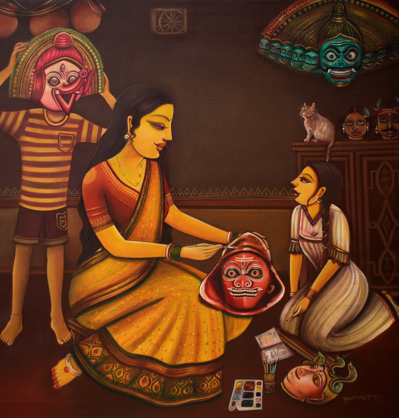 Crafting Stories' figurative acrylic painting by artist Sumon Naskar, 36x36 inch, on canvas