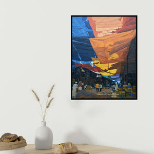 Prashant Kulkarni's 'Crawford Market (Under the Canopy)' painting visualized above a sofa in a contemporary room.