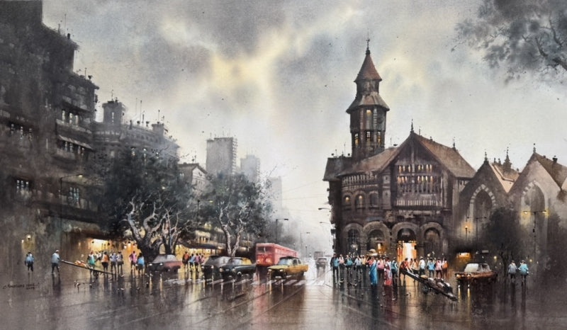 'Crawford Market' religious acrylic painting by artist Nansaheb Yeole, 36x60 inch, on canvas