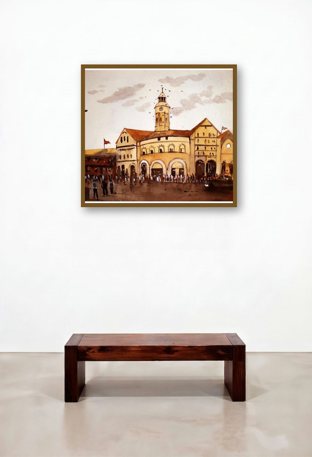 Crawford Market Mumbai (Heart of Mumbai) by artist Arunava Ray displayed in a Minimalist Hotel Lobby