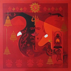 Religious acrylic painting titled 'Creation 11', 47x47 inches, by artist Ranjit Singh on Canvas