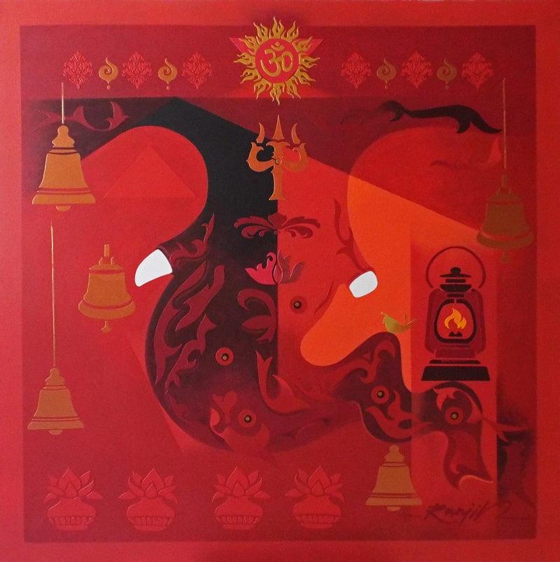 Religious acrylic painting titled 'Creation 11', 47x47 inches, by artist Ranjit Singh on Canvas