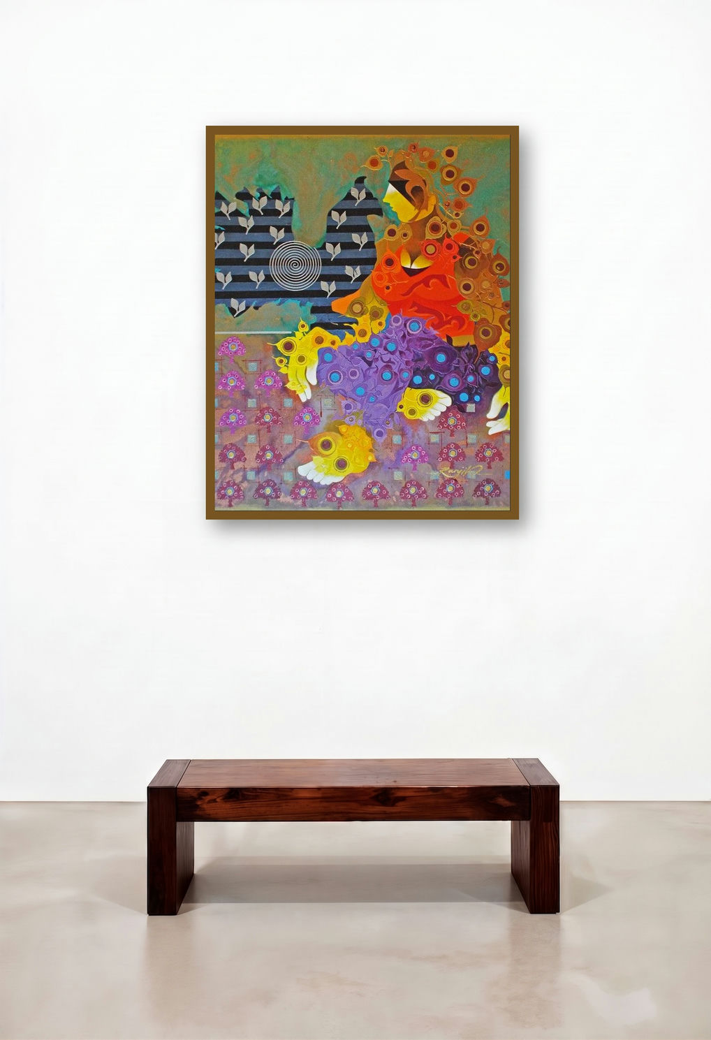 Creation 37 (Mystical Bird) by artist Ranjit Singh Kurmi displayed in a Rustic Reception Area