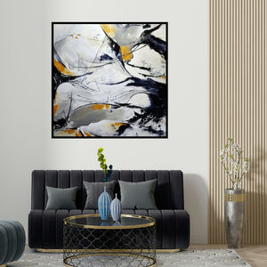 Sanjay Dhawale's 'Creative Landscape (Hidden Depths)' painting visualized above a sofa in a contemporary room.