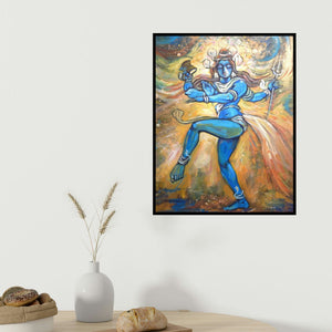 Subrata Ghosh's 'The Creator (Shiva Tandava)' painting visualized above a sofa in a contemporary room.