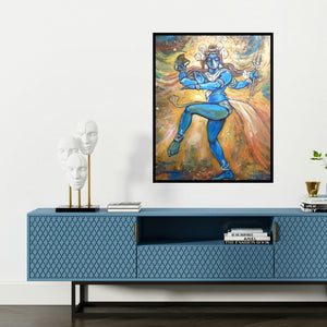 'The Creator (Shiva Tandava)' painting by Subrata Ghosh shown on a wall in a furnished room.