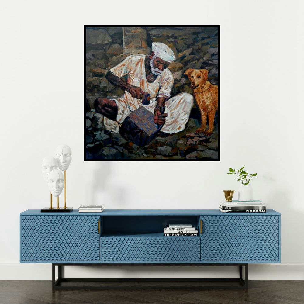 'Creator (Stone Cutter and Dog)' painting by Nanasaheb Yeole shown on a wall in a furnished room.