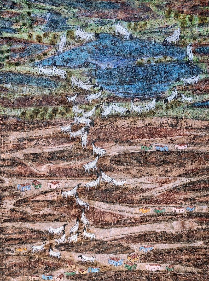 Landscape mixed media painting titled 'Creving Food', 51x36 inches, by artist Pratik Raut on Paper