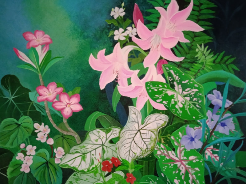 'Crinum And Adenium' nature acrylic painting by artist Vishwajyoti Mohrhoff, 36x48 inch, on canvas