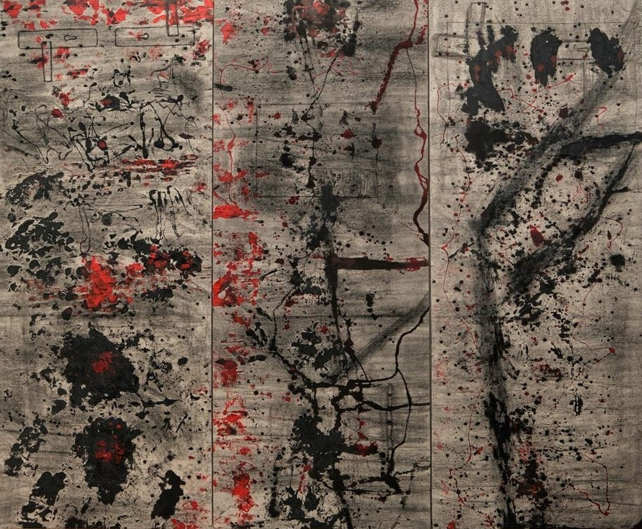 Crisis' contemporary mixed-media painting by artist Shahfahad Raja, 59x66 inch, on canvas