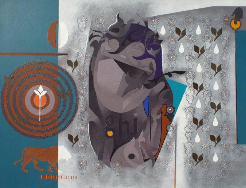 Figurative acrylic painting titled 'Crop Circle 2', 32x42 inches, by artist Ranjit Singh on Canvas