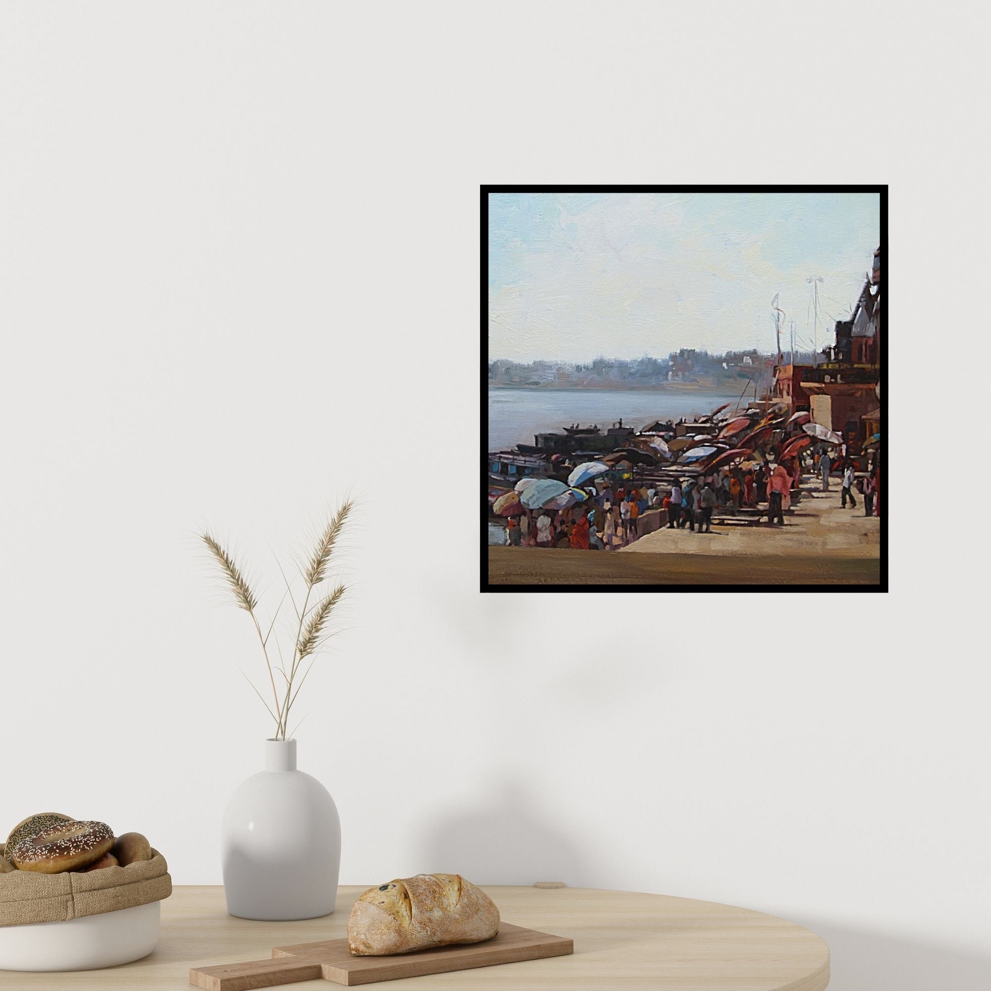 In-situ view of Sachin Sawant's 'Crowded Banaras Ghat' painting in a room