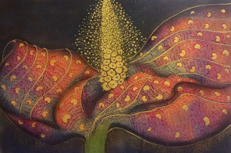 'Crown Of Pollens' nature mixed-media painting by artist Yogesh Powale, 9x12 inch, on paper