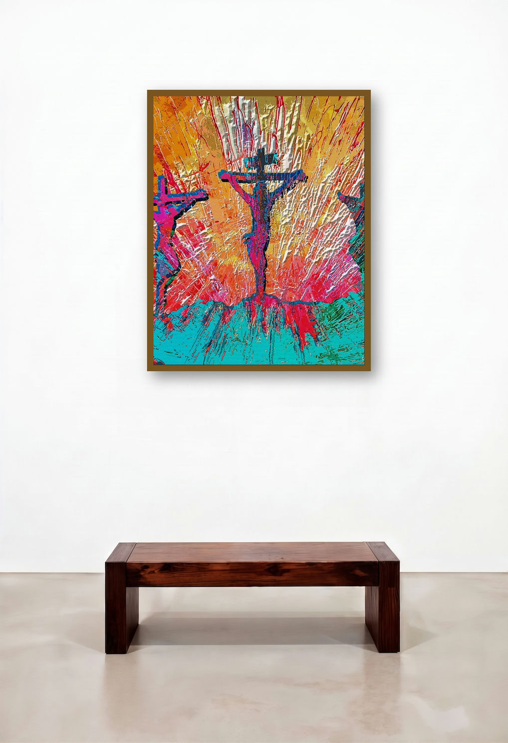 Crucifixion (Crucifixion) (Calvary Sunrise) by artist Anil Kumar displayed in a Classic Living Room