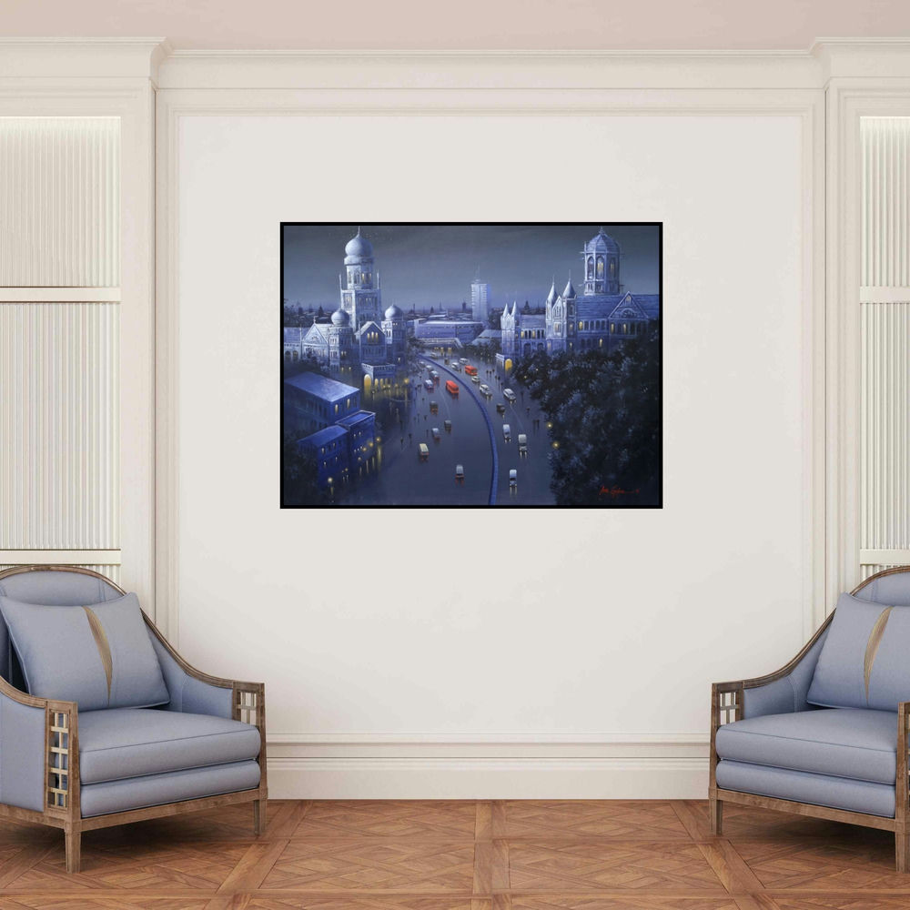 'Cst Mumbai (Mumbai Nights)' painting by Atul Gendle shown on a wall in a furnished room.