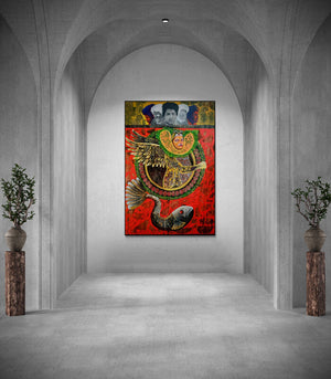 Preview of 'Cultural Reminiscing (Metamorphosis)' Painting by Kanha Behera shown on a wall in a furnished room.