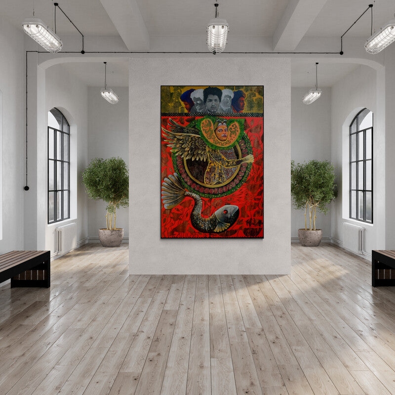 In-situ view of Kanha Behera's 'Cultural Reminiscing (Metamorphosis)' painting in a room